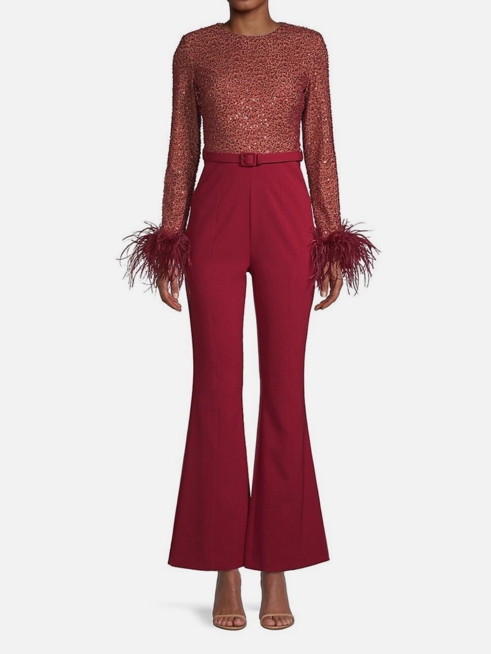 NWT Lavish Alice Burgundy High-Waist Flared Trousers with Belt